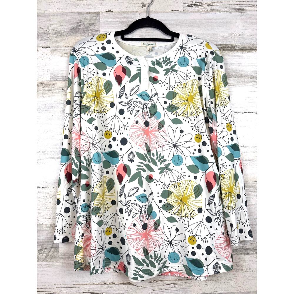 Earthbound Womens S White Multi Floral Cottagecore Long Sleeve Top
